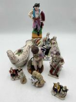 A Continental figure of a moustachioed leaning against a pillar, wearing purple knickerbockers and