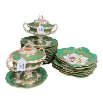 A Minton dessert service, pattern 2318, painted with flowers within green scrolling borders,