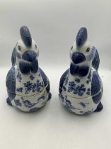 Pair of very large decorative blue and white chickens, porcelain, formed in two sections 35cms