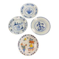 An 18th or 19th century Continental tinglaze plate (rivetted) and three Chinese blue and white