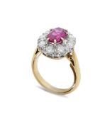 A Burmese ruby and diamond cluster ring,