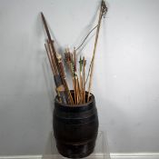 A 20th century oak and iron bound Barrel, by Whitbread, H 43 cm, together with a quantity Arrows,