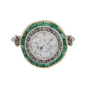 A diamond and emerald cluster ring, circa 1930's White and yellow metal