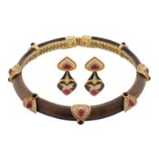 Marina B Ι A smoky quartz, ruby, diamond, tourmaline and onyx choker and clip earring suite Yellow m