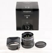 Black Olympus M. Zuiko Digital 12mm f2 ED Lens. For Micro Four Thirds.
