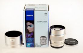 Silver Olympus M. Zuiko Digital 75mm f1.8 ED Lens. FAST portrait lens for Micro Four Thirds.