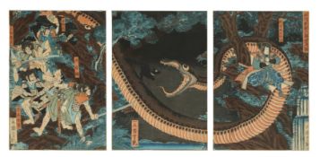 Utagawa Yoshitsuya 歌川 芳艶 (Japanese, 1822-1866) Yorimitsu Tries to Capture Hakamadare by Destroying H