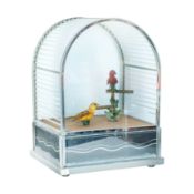 An Art Deco French singing bird automaton in a glass and chromed metal cage Circa 1930s