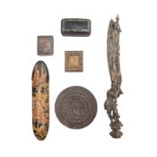 A mixed group to include a bronze letter opener and a Georgian snuff box