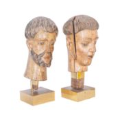 Two Spanish Colonial carved and painted wood Santos heads of male saints 17th or 18th century