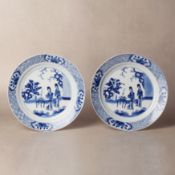 A pair of Chinese blue and white 'ladies' dishes, Qing dynasty, Kangxi mark and of the period 清康熙 青花