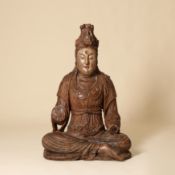 An impressive and fine Chinese polychrome wood figure of Guanyin, Ming-Qing dynasty 明至清 木雕觀音坐像