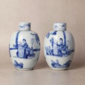 A pair of Chinese blue and white 'ladies' jars and covers, Qing dynasty, Kangxi period 清康熙 青花仕女圖蓋罐一對