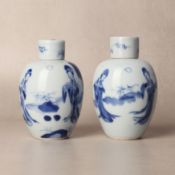 A pair of Chinese blue and white 'ladies' jars and covers, Qing dynasty, Kangxi period 清康熙 青花仕女圖蓋罐一對