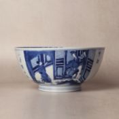 A fine Chinese blue and white 'figural' bowl, Qing dynasty, Kangxi mark and of the period 清康熙 青花人物故事