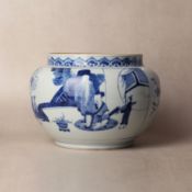 A Chinese blue and white 'figural' jar, Qing dynasty, Kangxi period 清康熙 青花人物故事圖罐 | Santos Collection