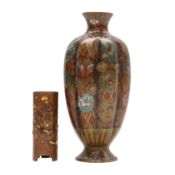 A Japanese cloisonné enamel vase and a mixed-metalwork vase, Meiji period