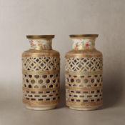 A pair of Japanese Satsuma reticulated 'floral' vases, Meiji period, 19th century