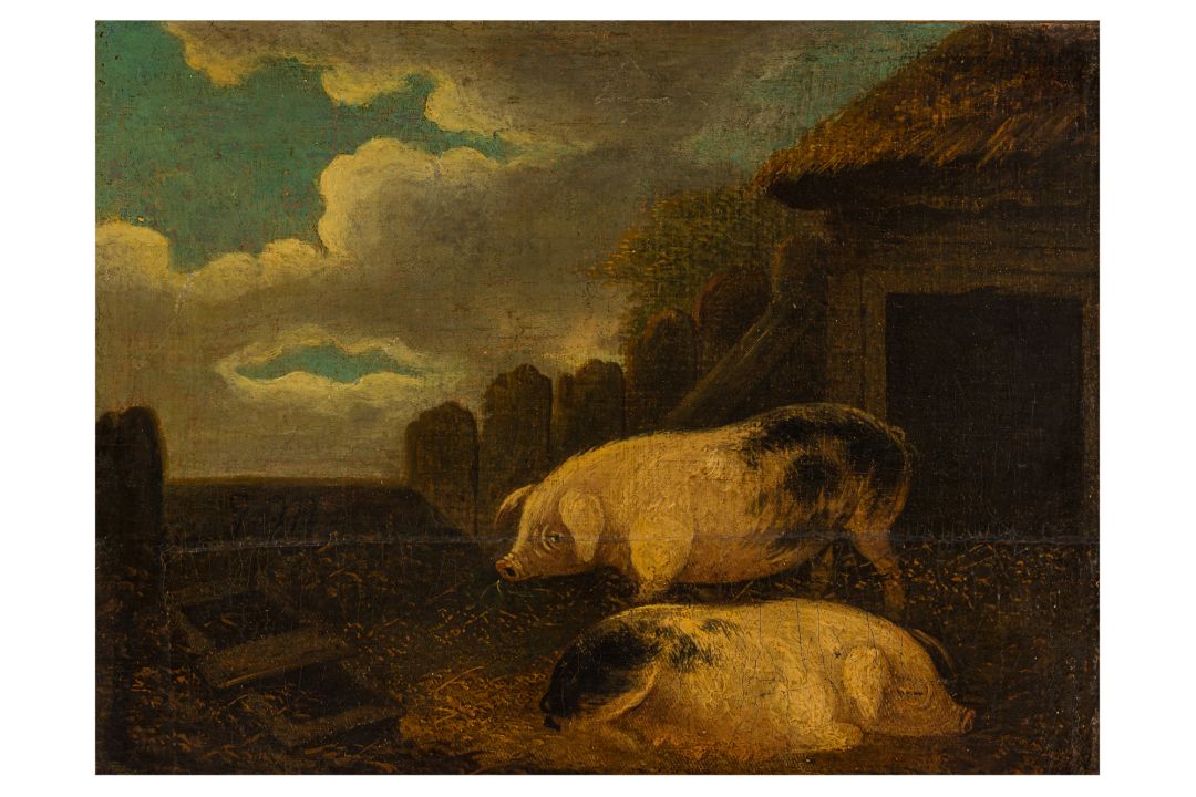 British School (early 19th Century) Pigs at the sty initialled 'G M ...