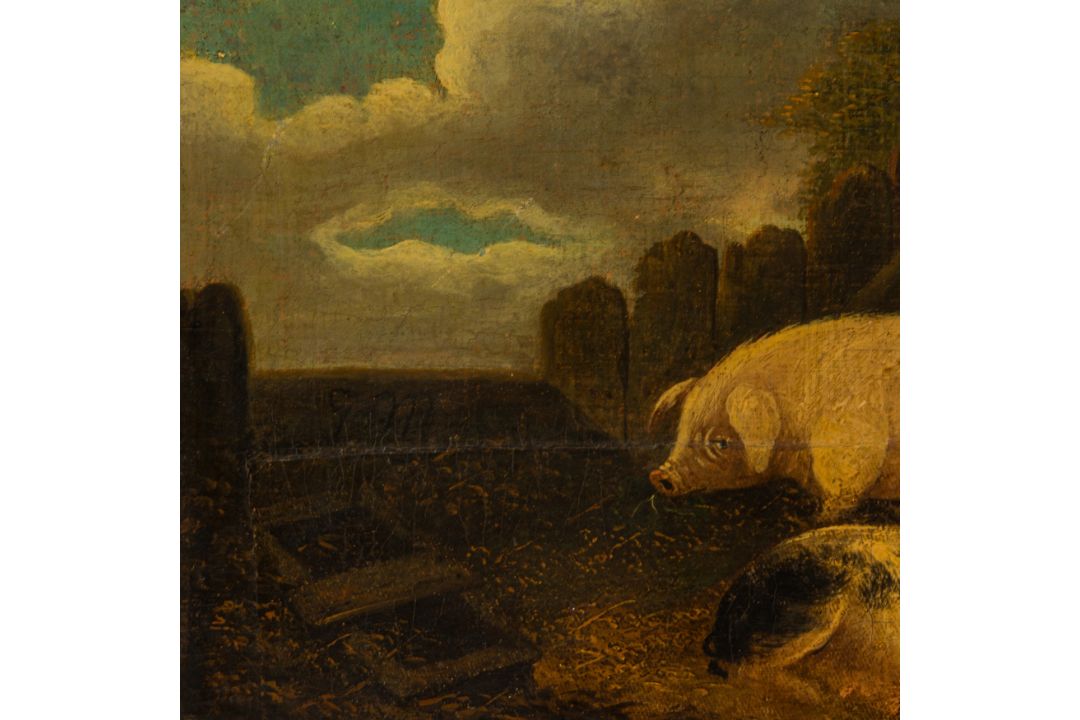 British School (early 19th Century) Pigs at the sty initialled 'G M ...