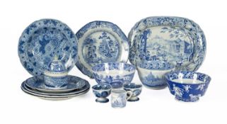 A group of blue and white transfer printed wares