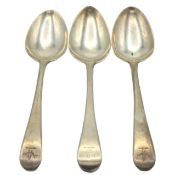 Three George III London silver teaspoons; two Geor