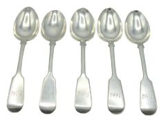 Five 1878 Victorian Exeter silver teaspoons by Jos