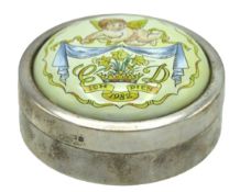 A late 20thC. 1982 enamelled silver patch box comm