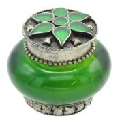 A decorative Eastern white metal & glass lidded po