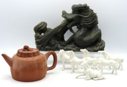 A Chinese carved green soapstone flaming dragon fi