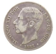 An 1883 King Alfonso XII Spanish 5 pesetas coin, 2