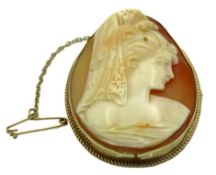 A yellow metal cameo, tests electronically as 9ct gold, 46mm x 37mm, 14g inclusive, small split to b