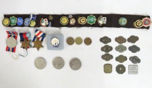 A small collection of bowling badges, three WW2 me