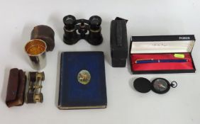 A boxed Parker fountain pen with lapis lazuli style decor, a modern compass, two pairs of opera/spor