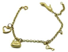 A 9ct gold charm bracelet, one charm a/f, 183mm lo