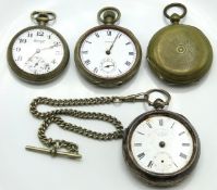 A silver cased pocket watch with base metal chain,