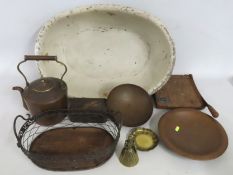 A selection of copper ware including a hammered sc
