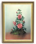 A framed oil painting of floral still life by Clem