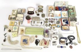 A collection of costume jewellery items including antique, a goldstone brooch, a small gilt bronze s