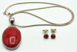 A silver snake chain with silver mounted red coral with matching earrings, chain 450mm long, pendant