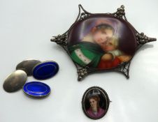 A pair of silver & enamel cufflinks & two white me