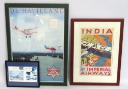 A framed De Havilland poster with Tiger Moth, a fra
