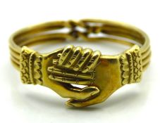A 19thC. yellow metal fede gimmel ring, tests elec