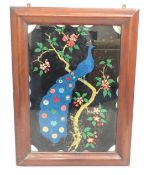 A heavy framed glass painting of a peacock, 834mm