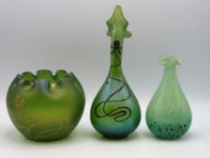 A Johann Loetz Witwe iridescent green glass rosewater sprinkler with silver overlay (small loss to o