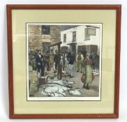 A framed antique print of Polperro fish sale after