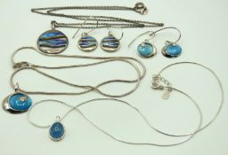 A silver & enamel earring & pendant set with chain