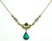 A yellow metal art deco necklace set with pearl &