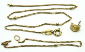A yellow metal chain a/f twinned with an earring, tests electronically as 9ct gold, 410mm long, 2.3g