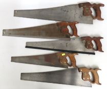 Five Disston hand saws, largest 750mm wide, smalle